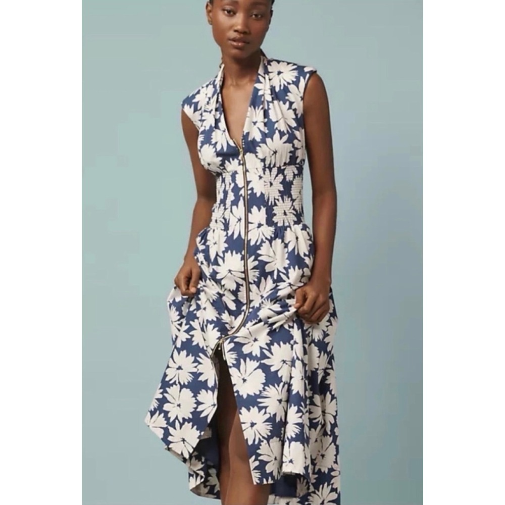 NWOT Anthropologie Tommie Cap Sleeve Smocked Front Zip Midi Dress Slate Floral